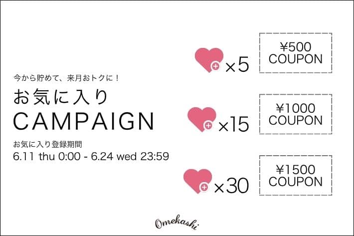 Omekashi 【最大1500円OFF！】今から貯めて来月おトクに！お気に入りキャンペーン開催！