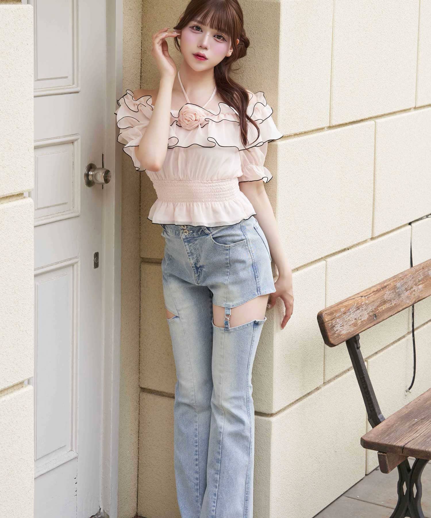 Cut Out Belt Flare Denim
