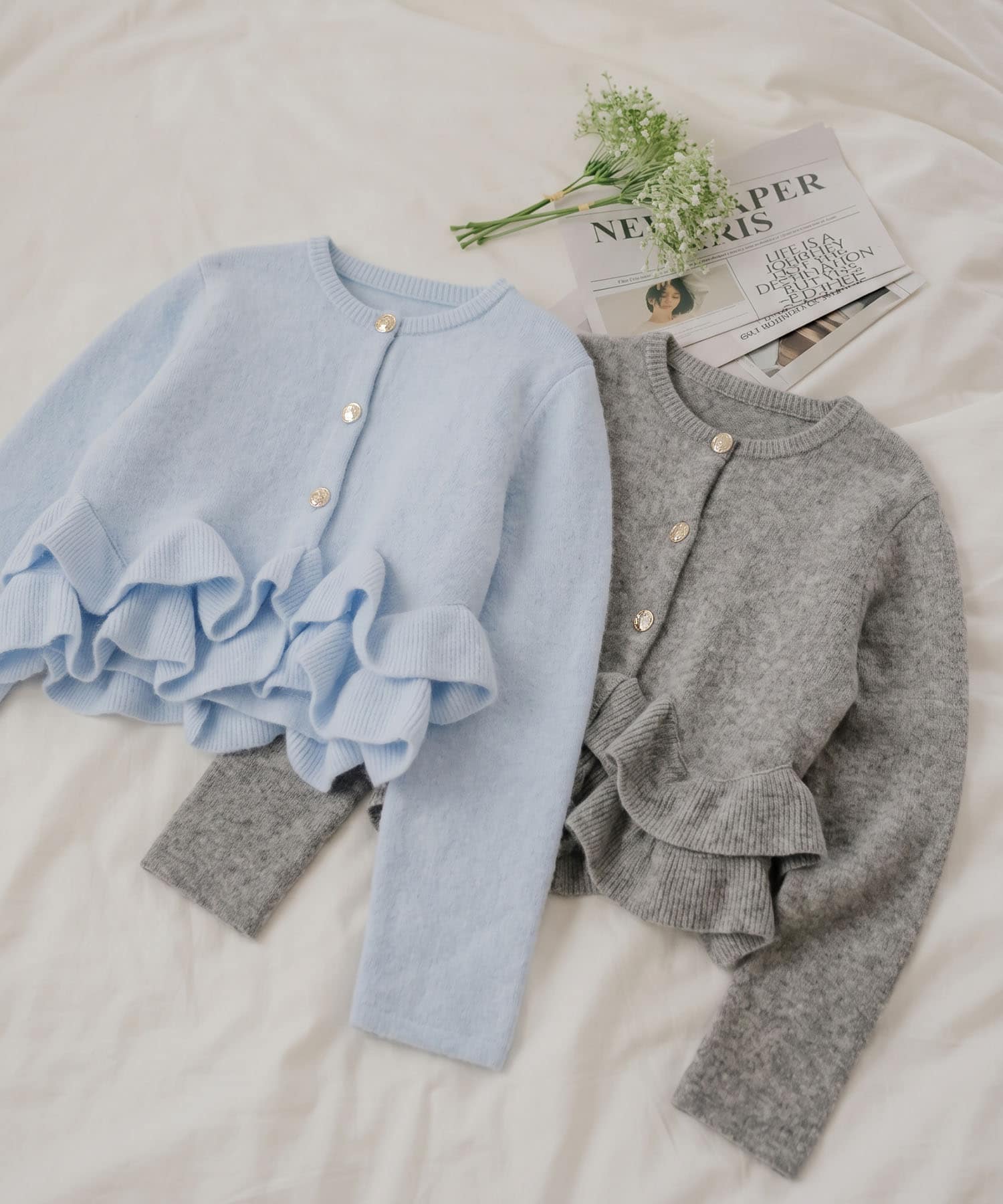 Ruffle Hem Cardigan Blue and Gray