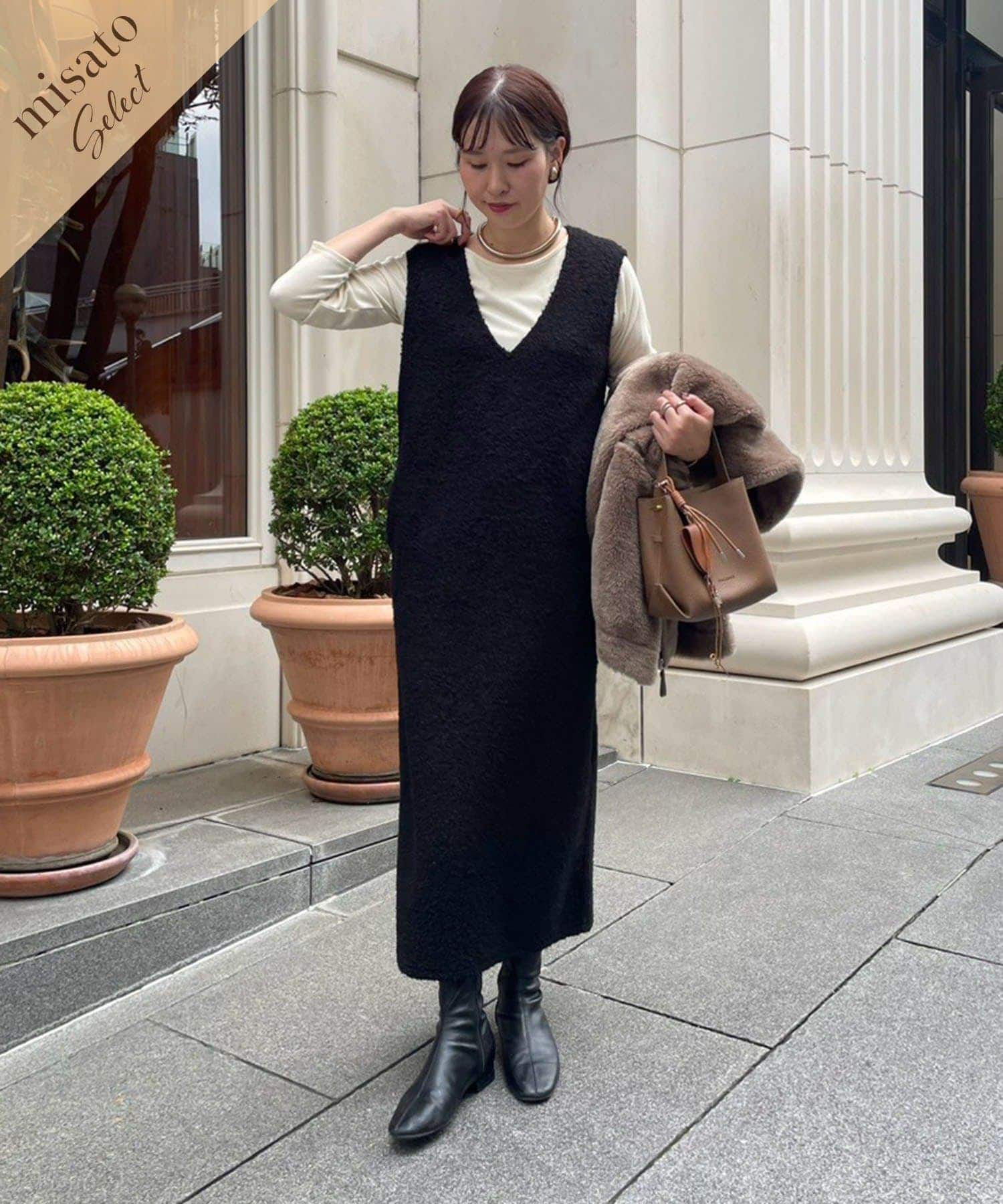 大人可愛い立体ボア深Vネックロングワンピ
