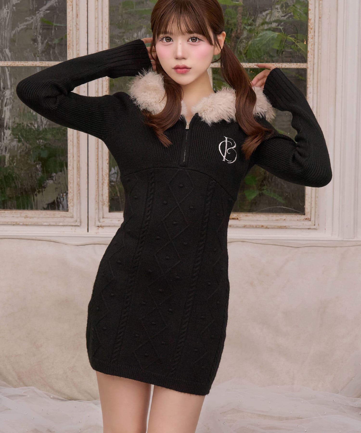 Fur Hood Cable Knit Onepiece