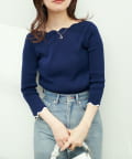 natural couture(ナチュラルクチュール) 袖口配色スカラップ7分袖強撚ニット