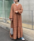 美品★インド製 ヴィンテージフラワープリント 配色切り替え ティアードワンピース trim_ofnls_item45e81444265711f
