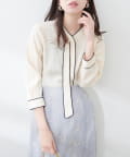 natural couture(ナチュラルクチュール) ねじり配色ボウタイ7分袖ブラウス