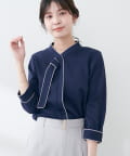 natural couture(ナチュラルクチュール) ねじり配色ボウタイ7分袖ブラウス