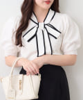 NICE CLAUP / OLIVE des OLIVE OUTLET(ナイスクラップ  / オリーブ デ オリーブ アウトレット) 【RMAF】【フェミニンルックに】リボンタイ付半袖ニット