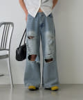 -goocy-(グーシー) ダメージ加工ワイドデニム
