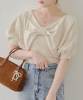 NICE CLAUP / OLIVE des OLIVE OUTLET(ナイスクラップ  / オリーブ デ オリーブ アウトレット) 《2点セットでお得》【麻タッチで夏も快適】【RMAF】リボン半袖アンサンブル