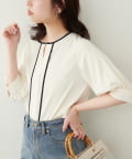natural couture(ナチュラルクチュール) メタルホック付き配色6分袖ブラウス