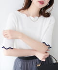 natural couture(ナチュラルクチュール) 袖口配色スカラップ強撚ニット（５分袖）