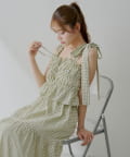 Chico(チコ) 【6色展開/マルチway】アシメ紐デザインチェック柄シャーリングロングワンピース