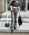 NICE CLAUP / OLIVE des OLIVE OUTLET(ナイスクラップ  / オリーブ デ オリーブ アウトレット) 【RMAF】【脚長効果抜群◎】サイドレースUPセミフレアデニム