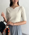 Chez toi(シェトワ) 前後2WAY5分袖キーネックリブニット