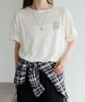 PUAL CE CIN(ピュアルセシン) ロゴ刺繍×フロッキープリント麻混Tシャツ