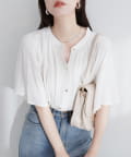 natural couture(ナチュラルクチュール) 【WEB限定】麻混フレア袖ブラウス