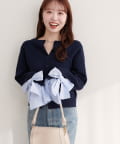 natural couture(ナチュラルクチュール) 【WEB限定】袖口リボンクルーネックカーデ