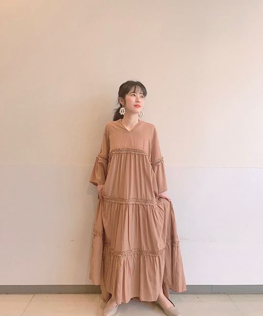 Chez toi(シェトワ) ☆【一枚で主役】サテンティアードボリュームロングワンピース