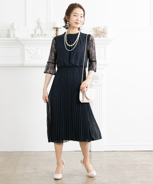 M・Lサイズ】袖レース付きプチハイネックプリーツワンピースドレス