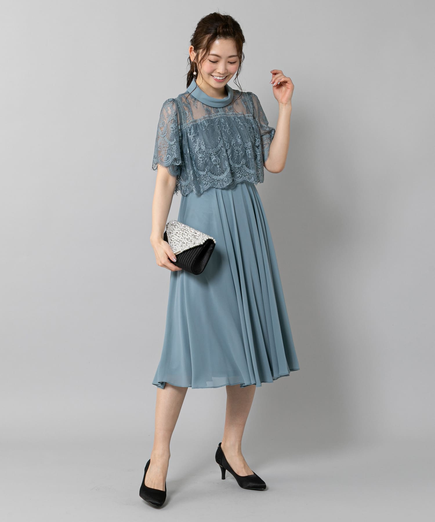 prose verse(プロズヴェール) 《WEB限定》【1枚で華やかに】ロールネックレース切替ワンピースドレス