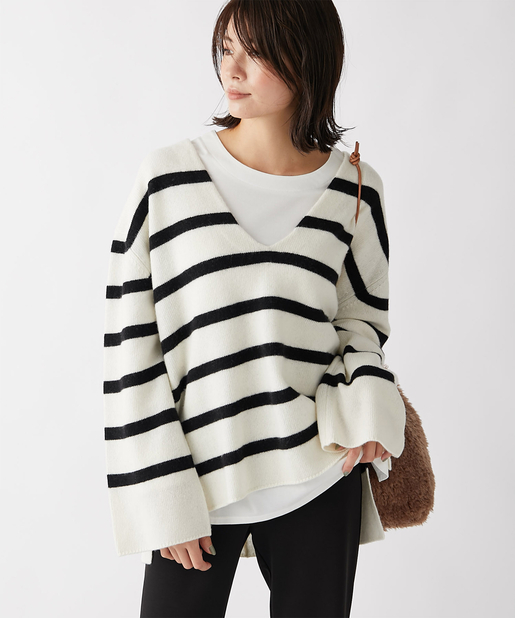 un dix cors(アンディコール) 【柔らかな素材感が女性らしい】ラムズウールボーダーチュニックニット