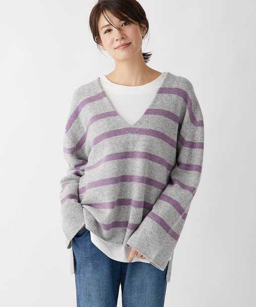 un dix cors(アンディコール) 【柔らかな素材感が女性らしい】ラムズウールボーダーチュニックニット