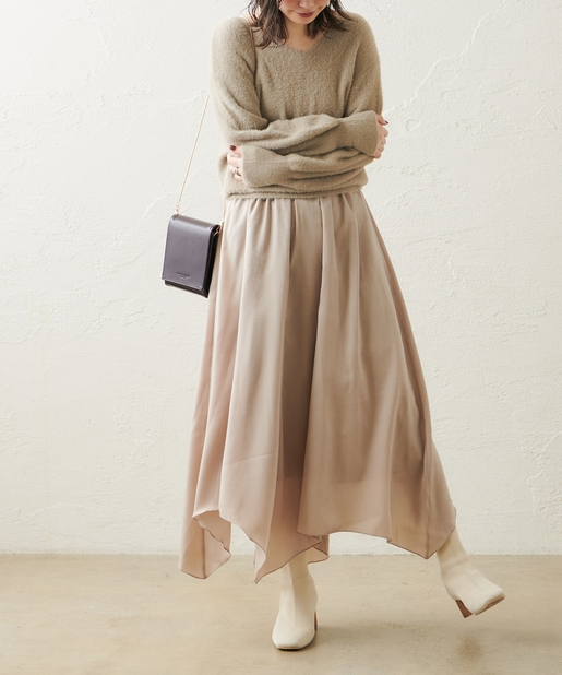 natural couture(ナチュラルクチュール) 【WEB限定カラー有り】シャギーニット×ヴィンテージサテンスカートセット