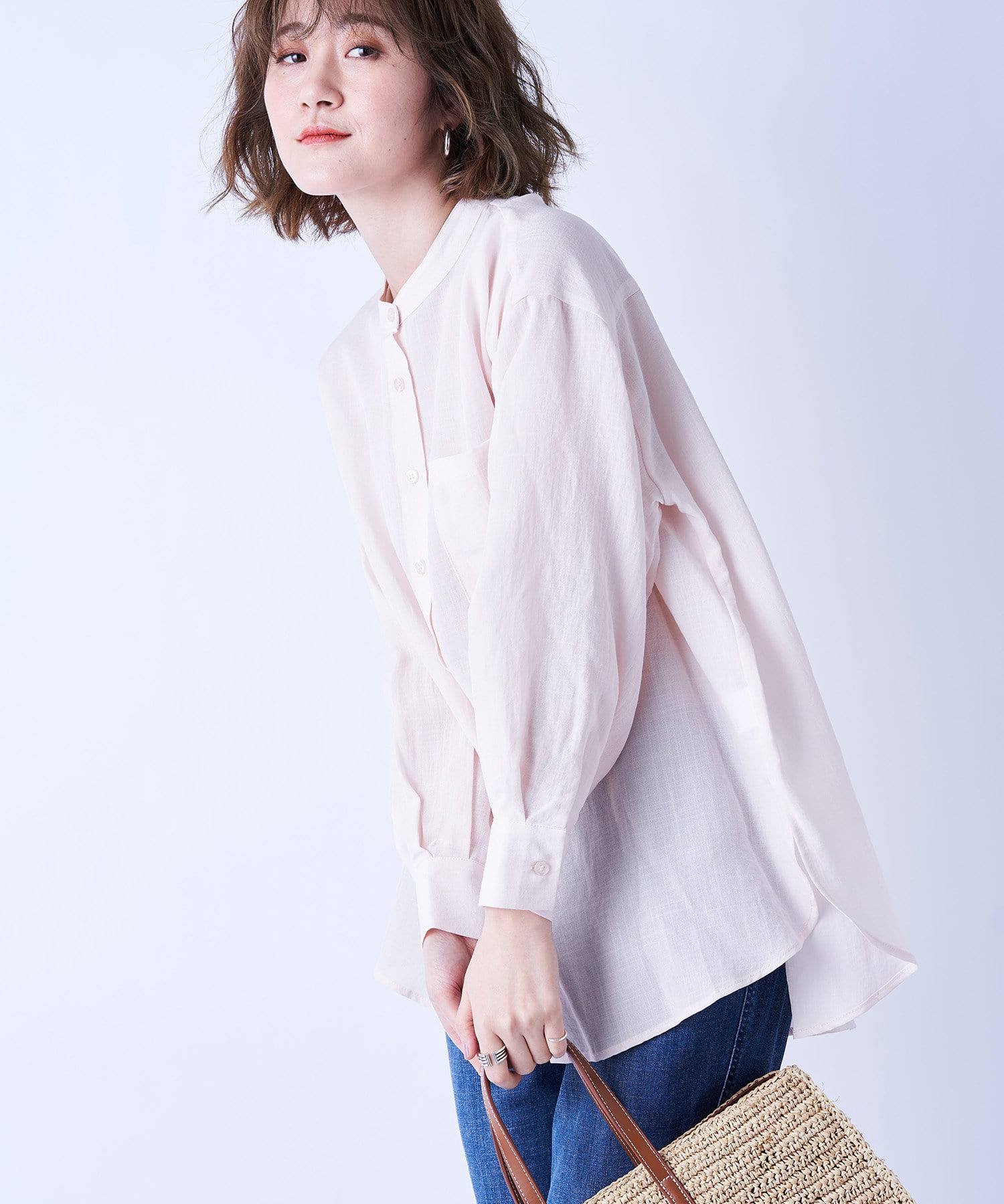 un dix cors(アンディコール) 動画付き【《上品な大人カジュアル》洗える】リネンライクバンドカラーシャツ