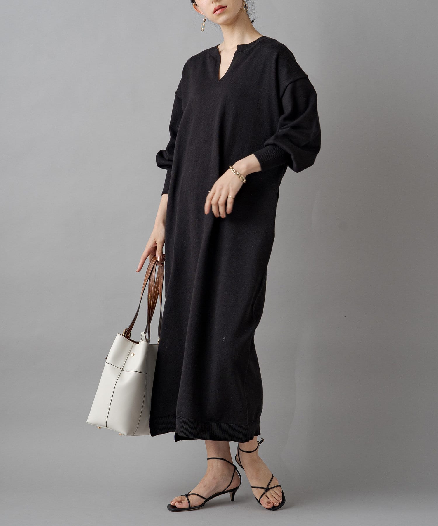 Loungedress ラウンジドレス キーネックロングニットワンピース グレー