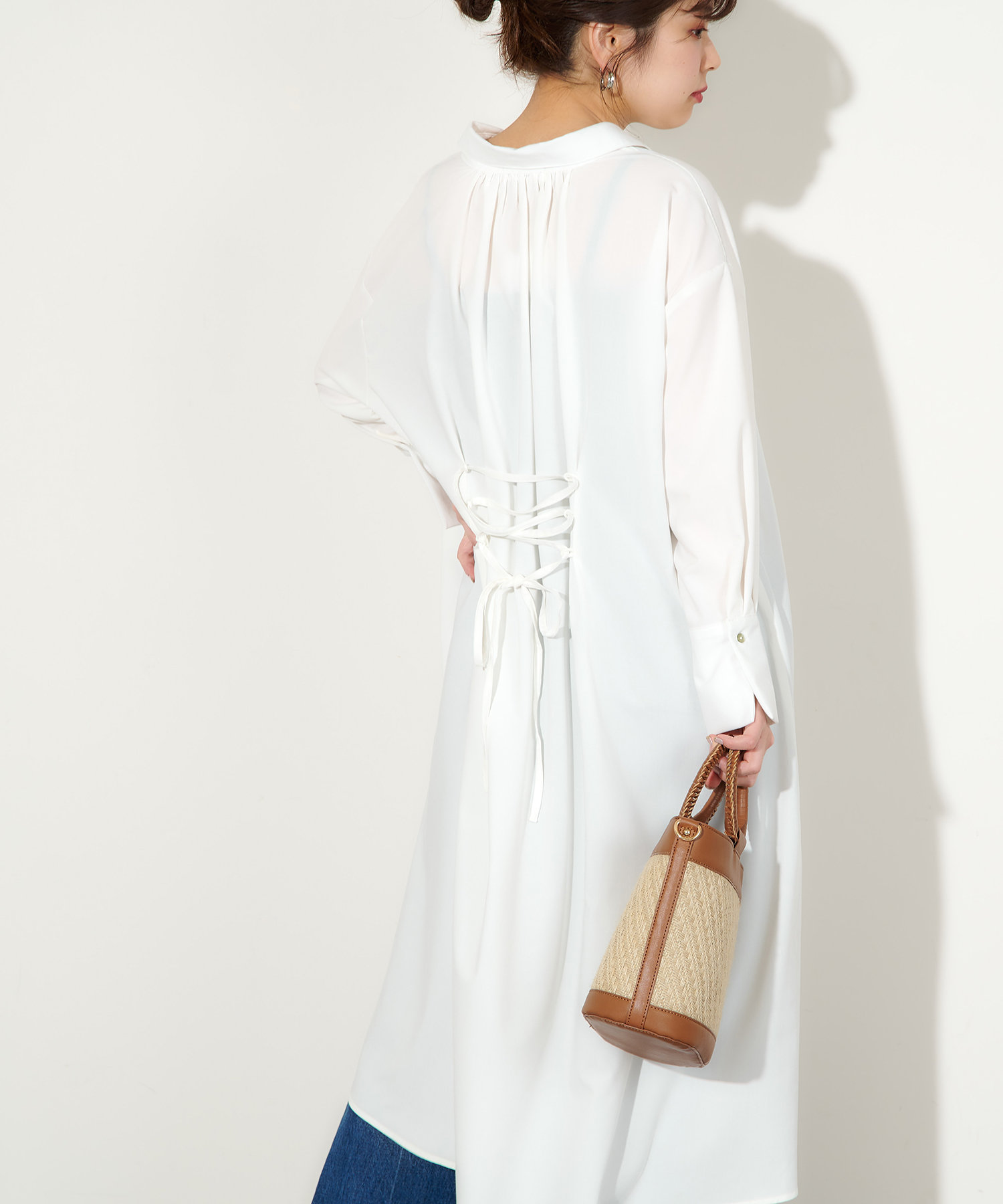 バックレースアップ裾フレアシャツワンピース | natural couture