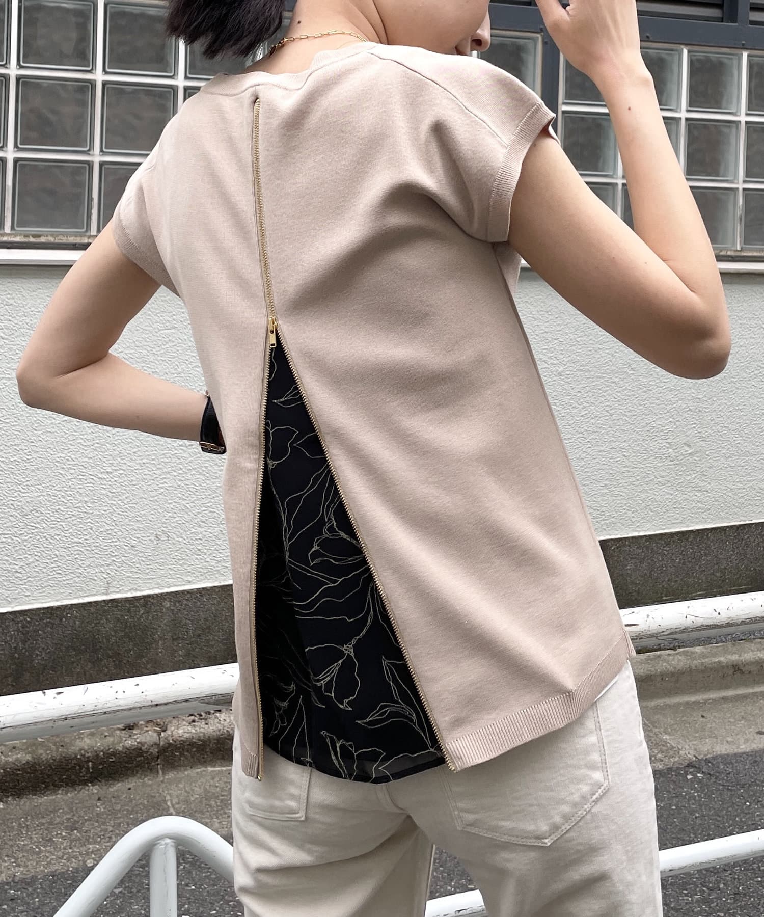 新品 Loungedress バックダブルジップトップス tiptop+pocket ティップトッププラスポケット / ダブルジップ半袖リブ