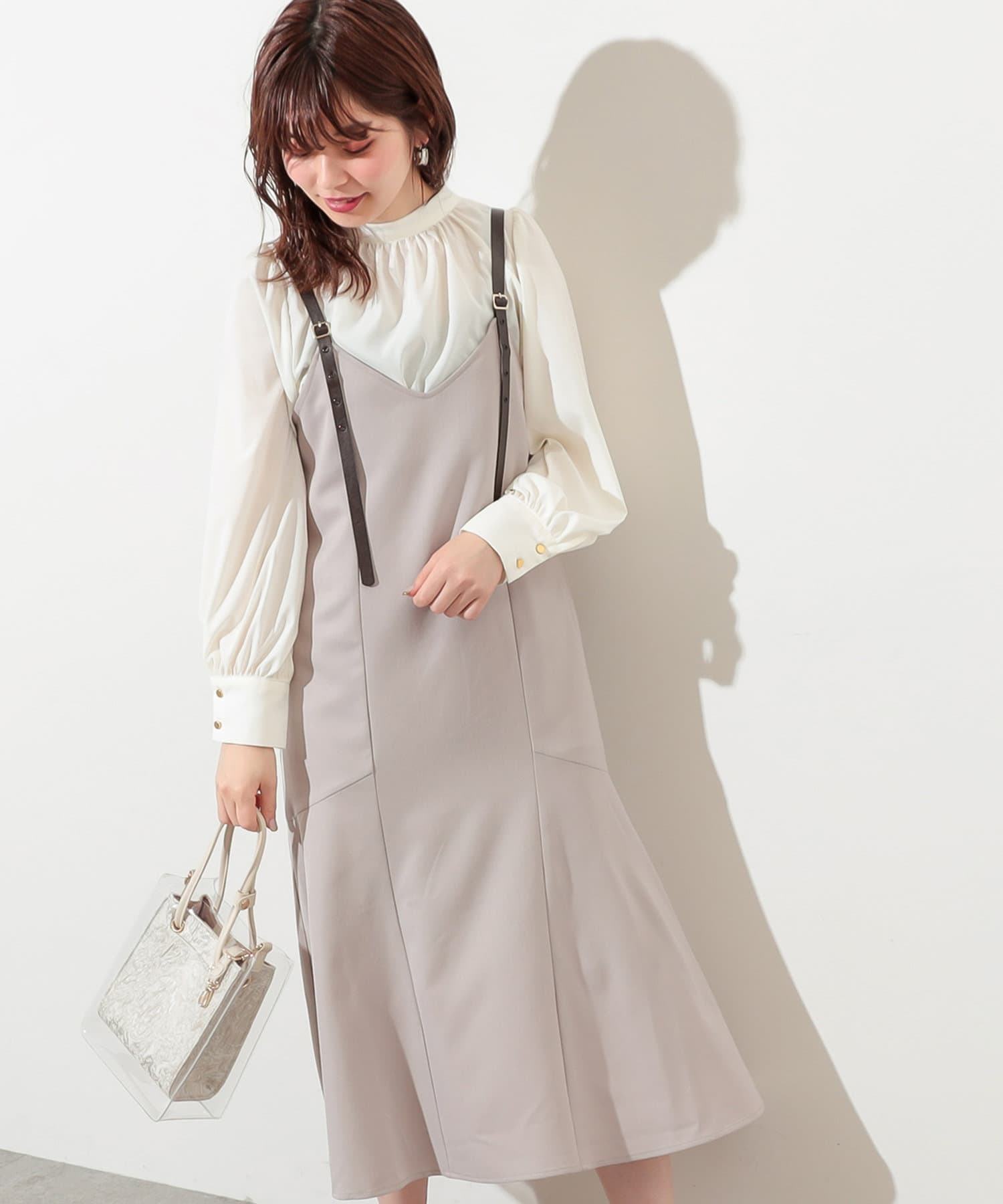 natural couture(ナチュラルクチュール) 合皮サス付マーメイドジャンバースカート