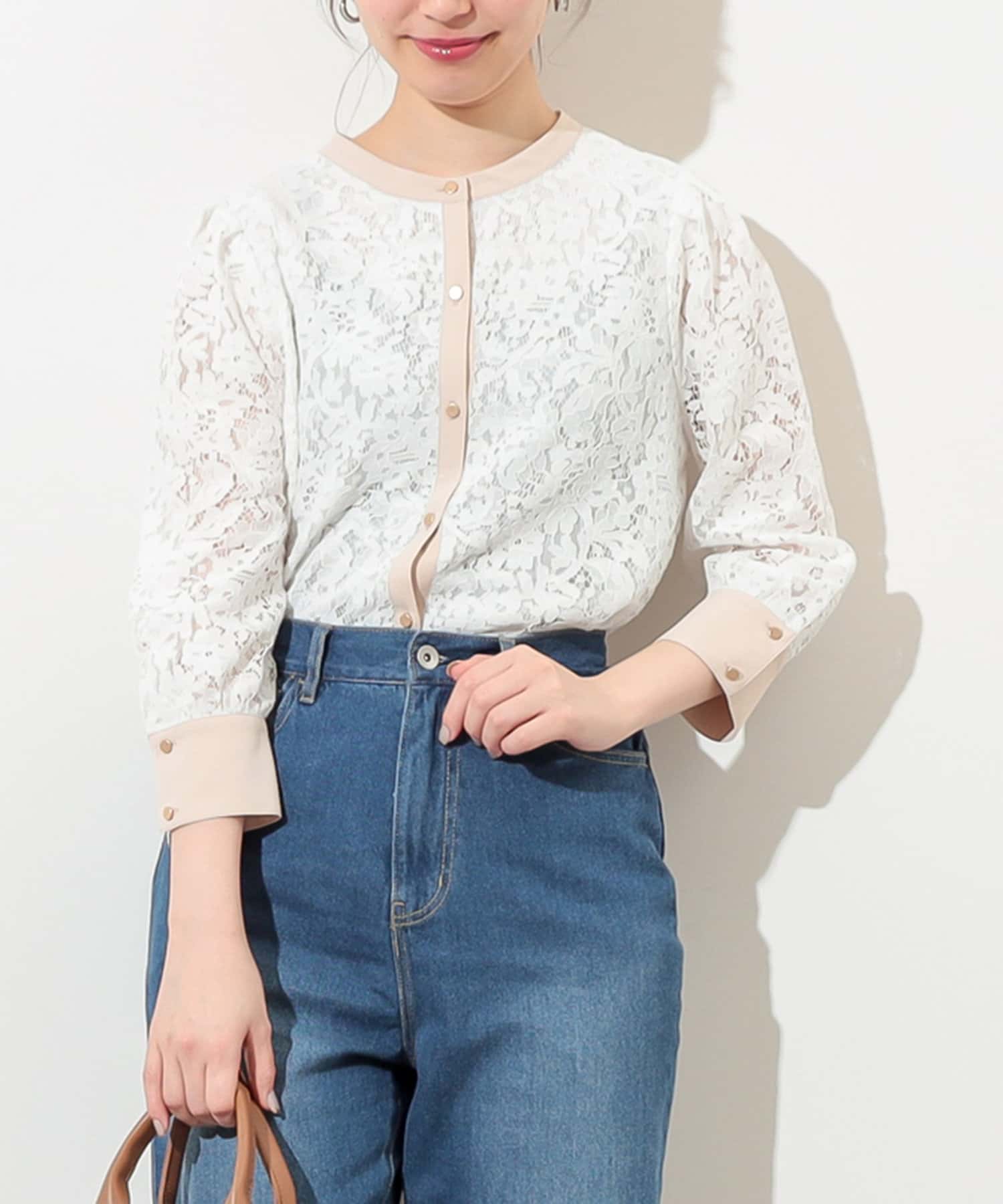 WEB限定カラー有り】前後2WAYバンドカラーレースブラウス | natural