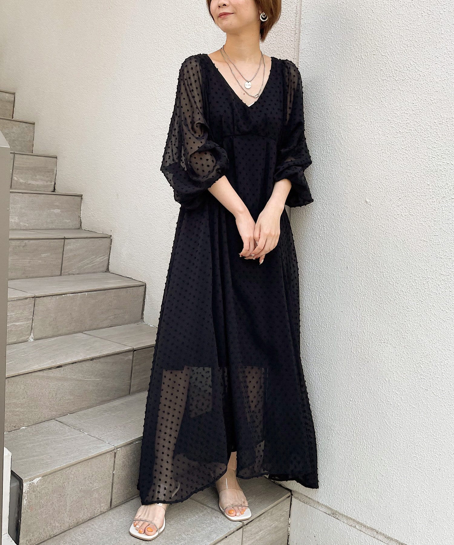 SALON by Chico限定】5分袖ドットシフォンロングワンピース | Chico 