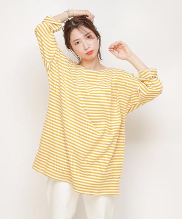 ボーダー柄ビッグシルエットTシャツ/チュニック丈/カットワンピース