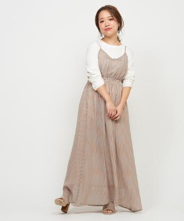 ストライプ柄シャーリングキャミワンピース