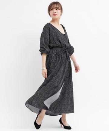 ドット柄カシュクールロング丈ワンピース