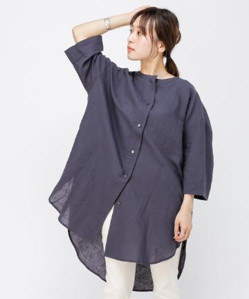 リネン混カフスタックノーカラーシャツ/チュニック丈
