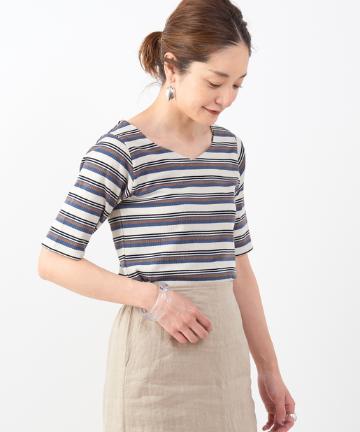 2WAYリブ5分袖ボーダーカットソー