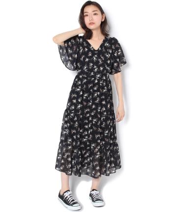 カシュクール花柄ギャザーワンピース