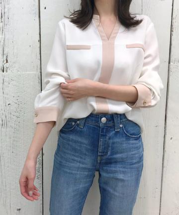 配色スキッパーブラウス