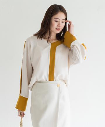 配色Vネックブラウス