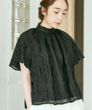 ストライプ花刺繍プルオーバーブラウス