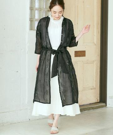 ストライプ花刺繍前アキワンピース