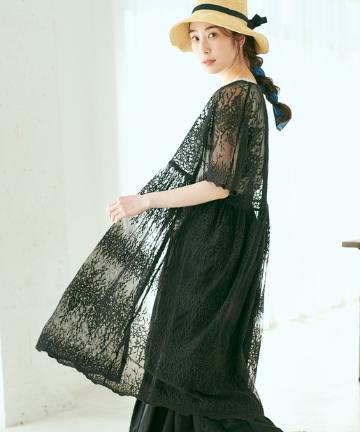 チュール刺繍前開きワンピース
