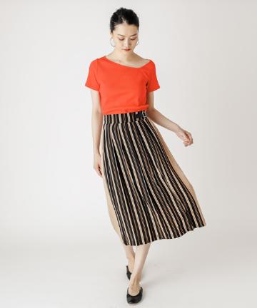 柄×無地配色プリーツスカート