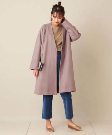 テックウールノーカラーロングコート