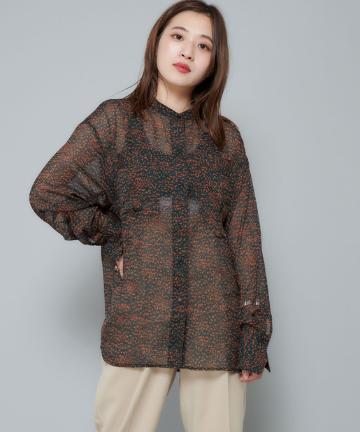 レオパード柄バンドカラービッグシルエットシアーシャツ