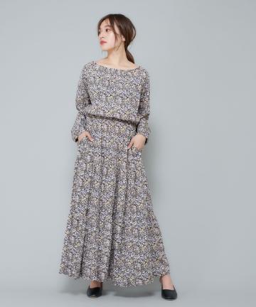 ホーリーワンピース/フラワー総柄シャーリングロングワンピース