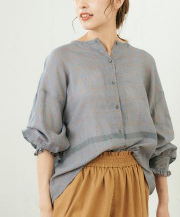 【cotton100%】チェックノーカラー前アキブラウス