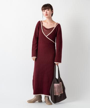 カシュクールパイピングリブニットワンピース